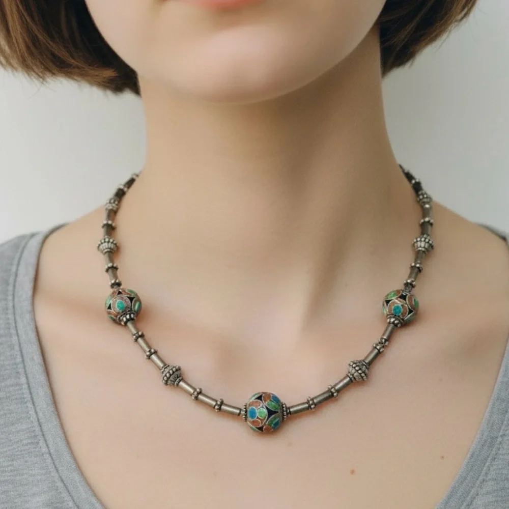 Multicolor Cloisonné Bead Necklace with Antique Gold Accents